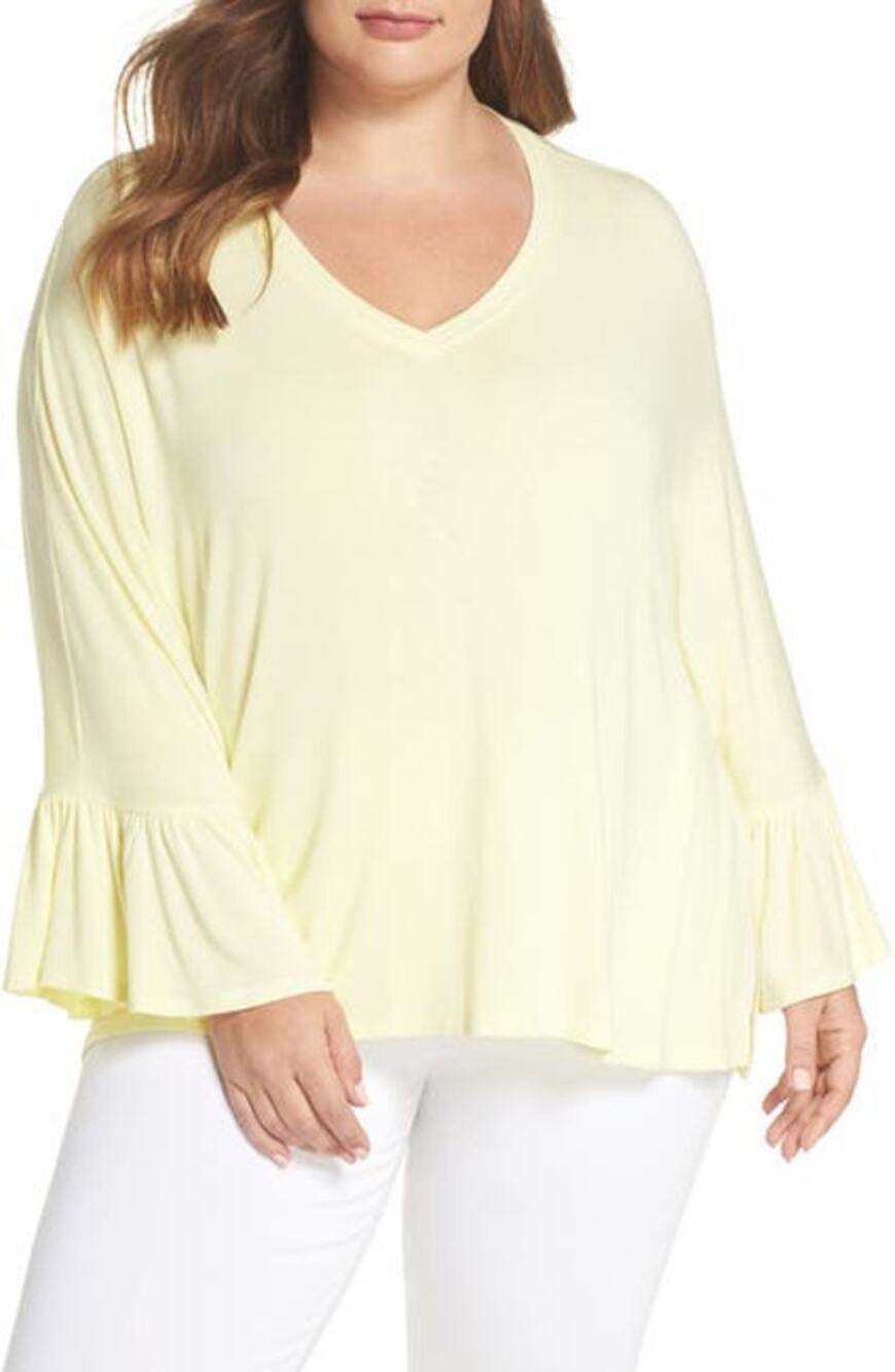 Sejour Raglan Ruffle Bell Sleeve Knit Top Bright Pastel Yellow Women 3X
